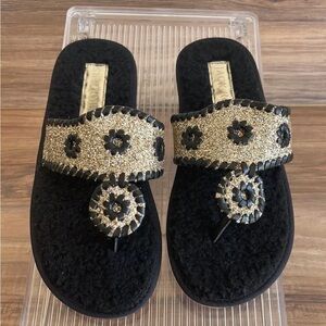 Pre-owned Jack Rogers Black and Gold Faux Fur Shearling Slipper Sandals Size 7